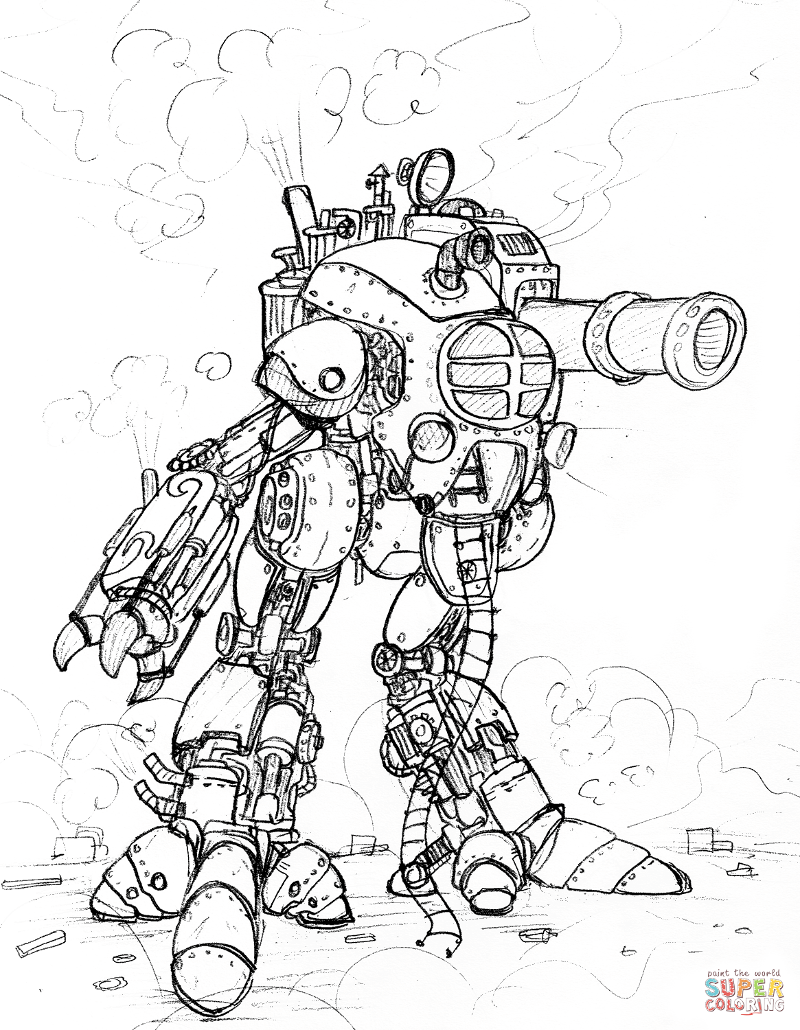 Steampunk giant robot with a big cannon coloring page free printable coloring pages