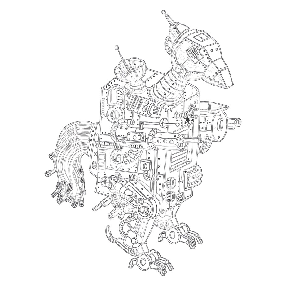 Printable adult chicken robot doodle coloring page