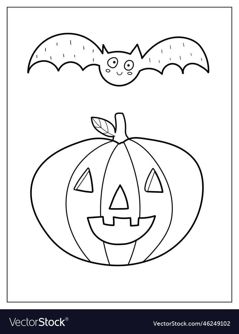 Halloween coloring page with cute pumpkin and bat vector image