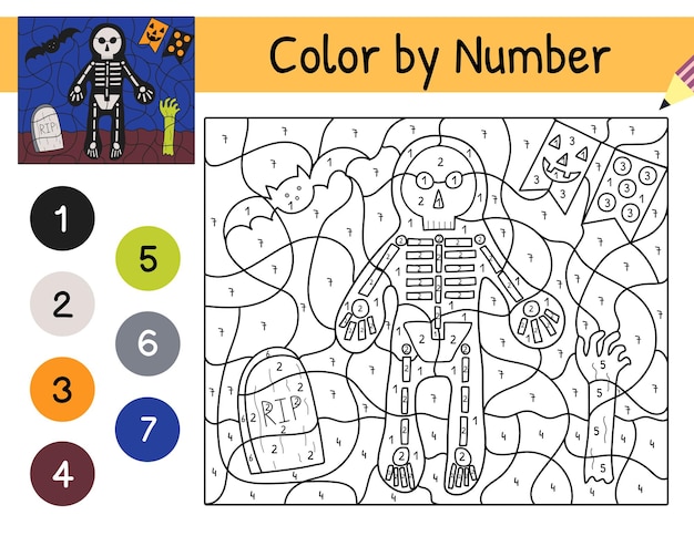 Premium vector halloween color by number game for kids with a skeleton spooky coloring page printable worksheet