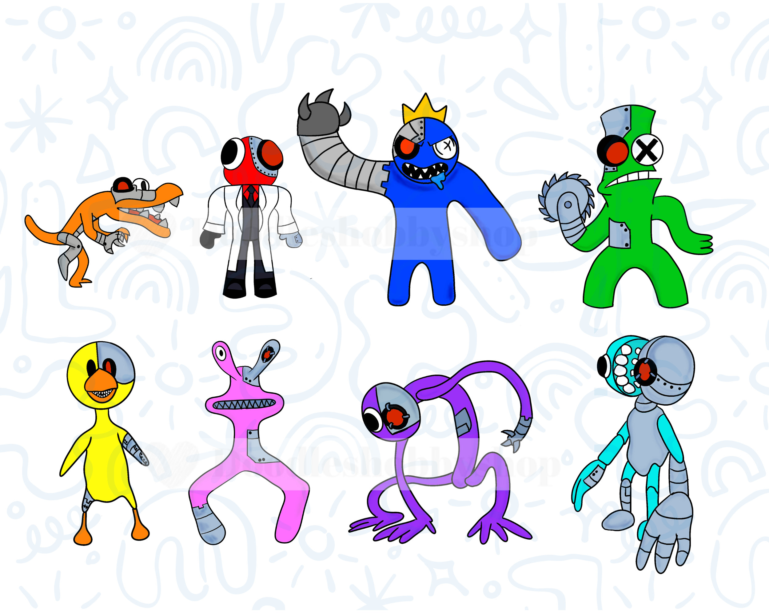 Metallic rainbow friends robot inspired characters from roblox png bundle instant download for sublimation printing crafts images