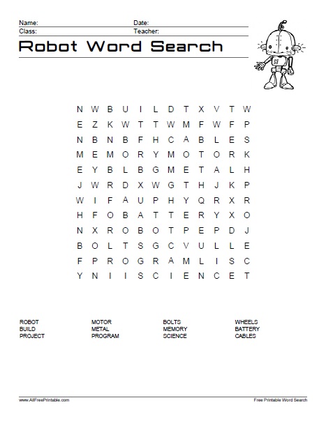 Robot word search â free printable