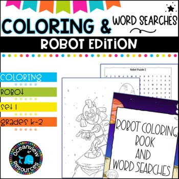 Robot coloring and wordsearch sheets set by oceanview resources