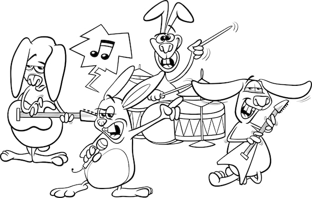 Premium vector rabbits rock music band coloring page