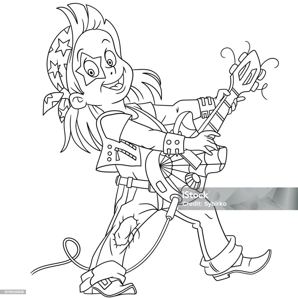 Coloring page with rock guitarist stock illustration