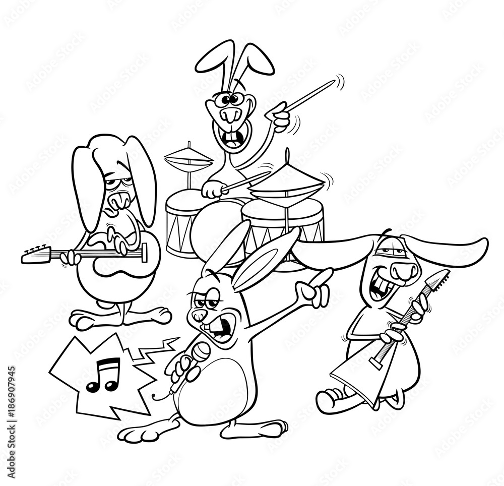 Rabbits rock musicians band coloring book vector