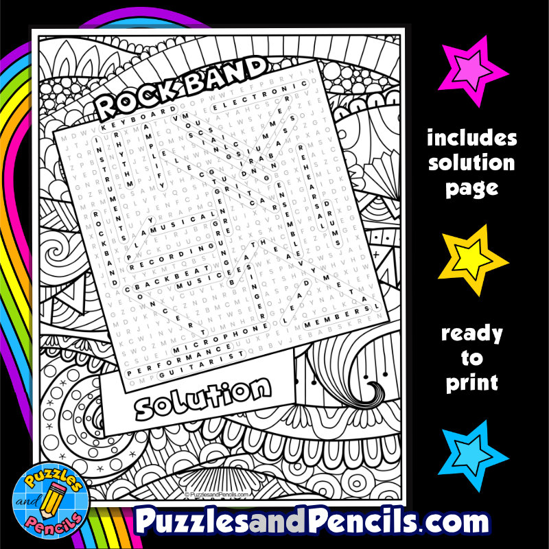 Rock band word search puzzle activity page with coloring music wordsearch made by teachers