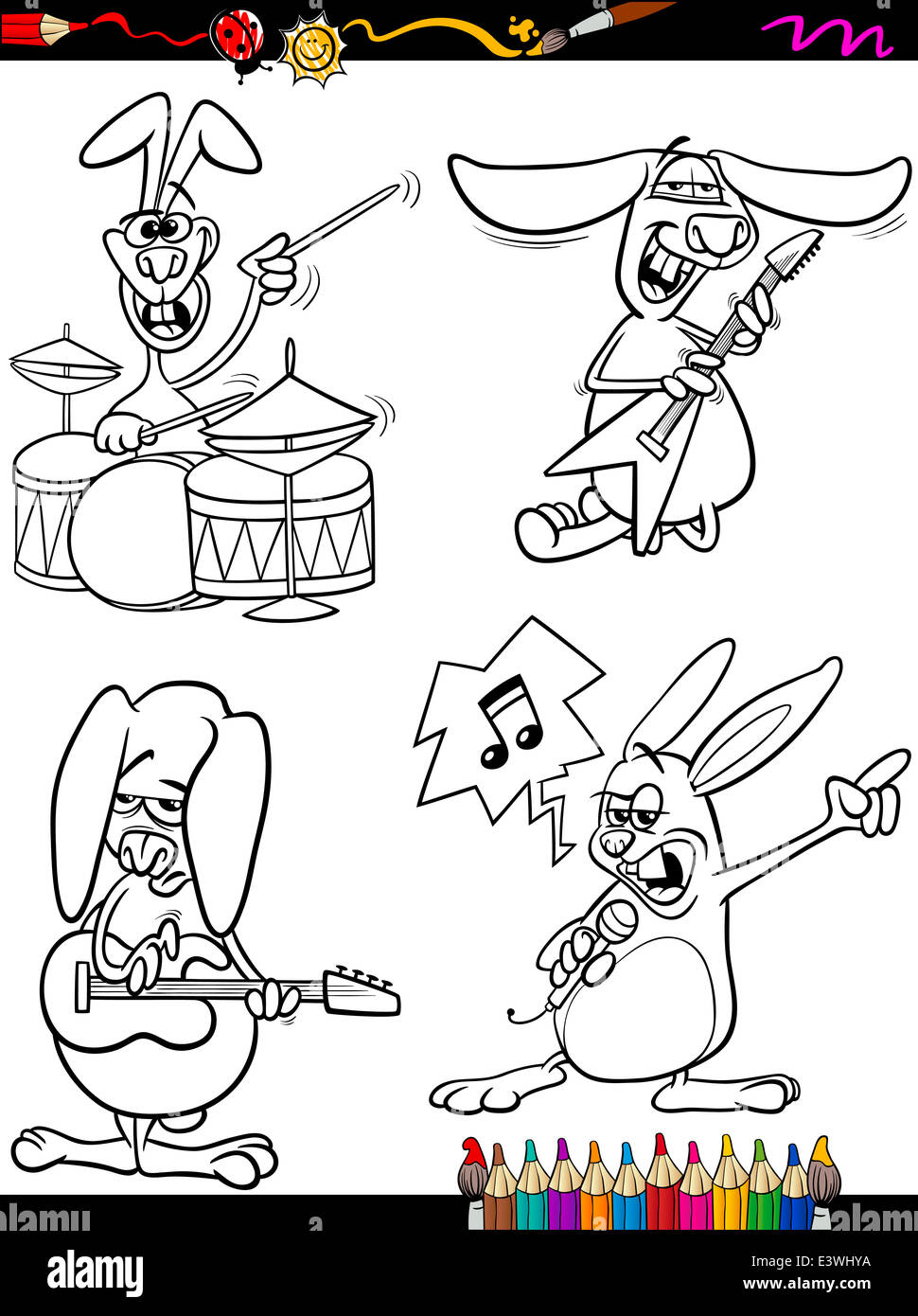Coloring book or page cartoon illustration of black and white funny rabbits playing rock music and singing for children stock photo