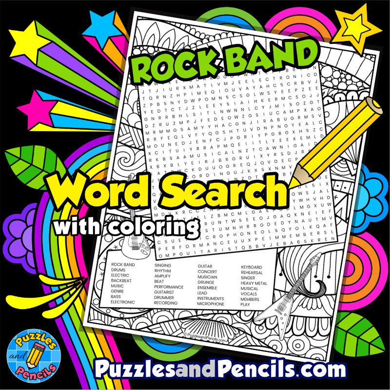 Rock band word search puzzle activity page with coloring music wordsearch made by teachers