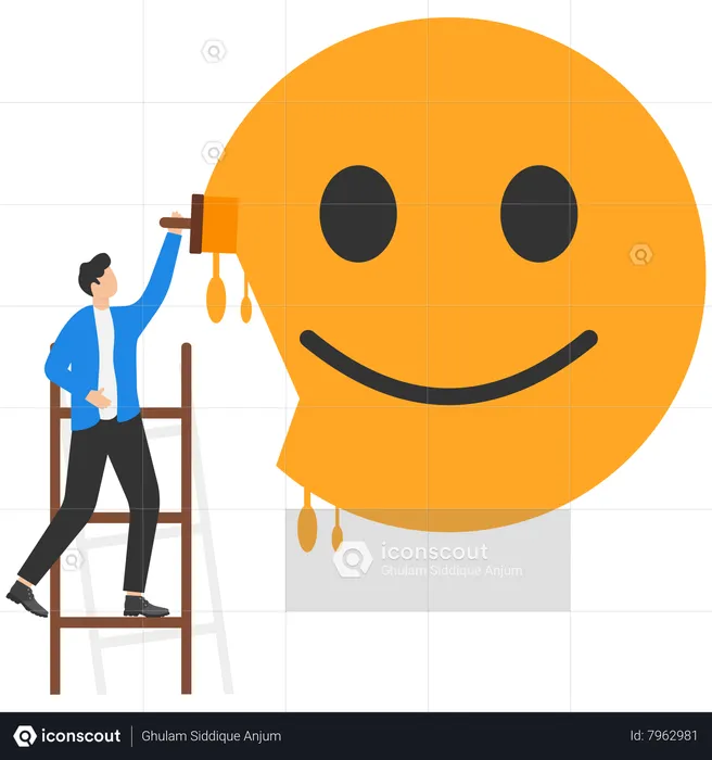 Best businessman climb up ladder to paint of positive emoticon illustration download in png vector format