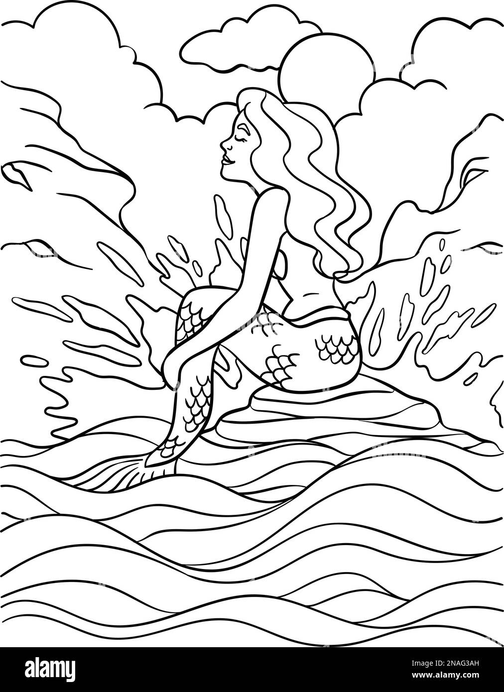 Mermaid sitting on the rock coloring page for kids stock vector image art