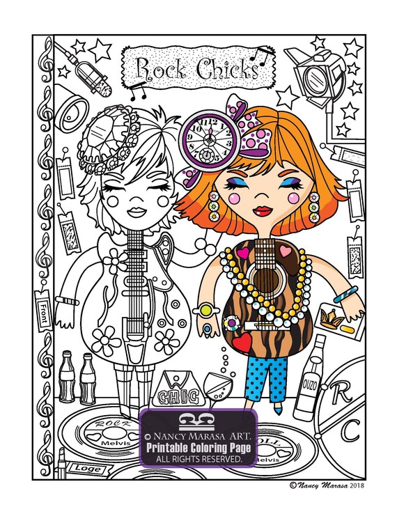 Guitar girls coloring book page rock chick duo coloring pages for adults and teens coloring sheets musical whimsical fantasy