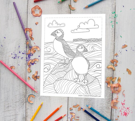 Puffins on a rock coloring sheet for adults and kids bird coloring page digital download coloring instant download coloring page