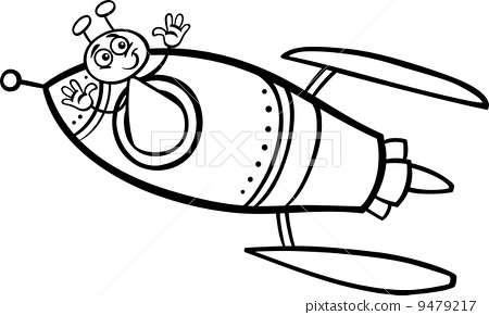 Alien in rocket cartoon coloring page