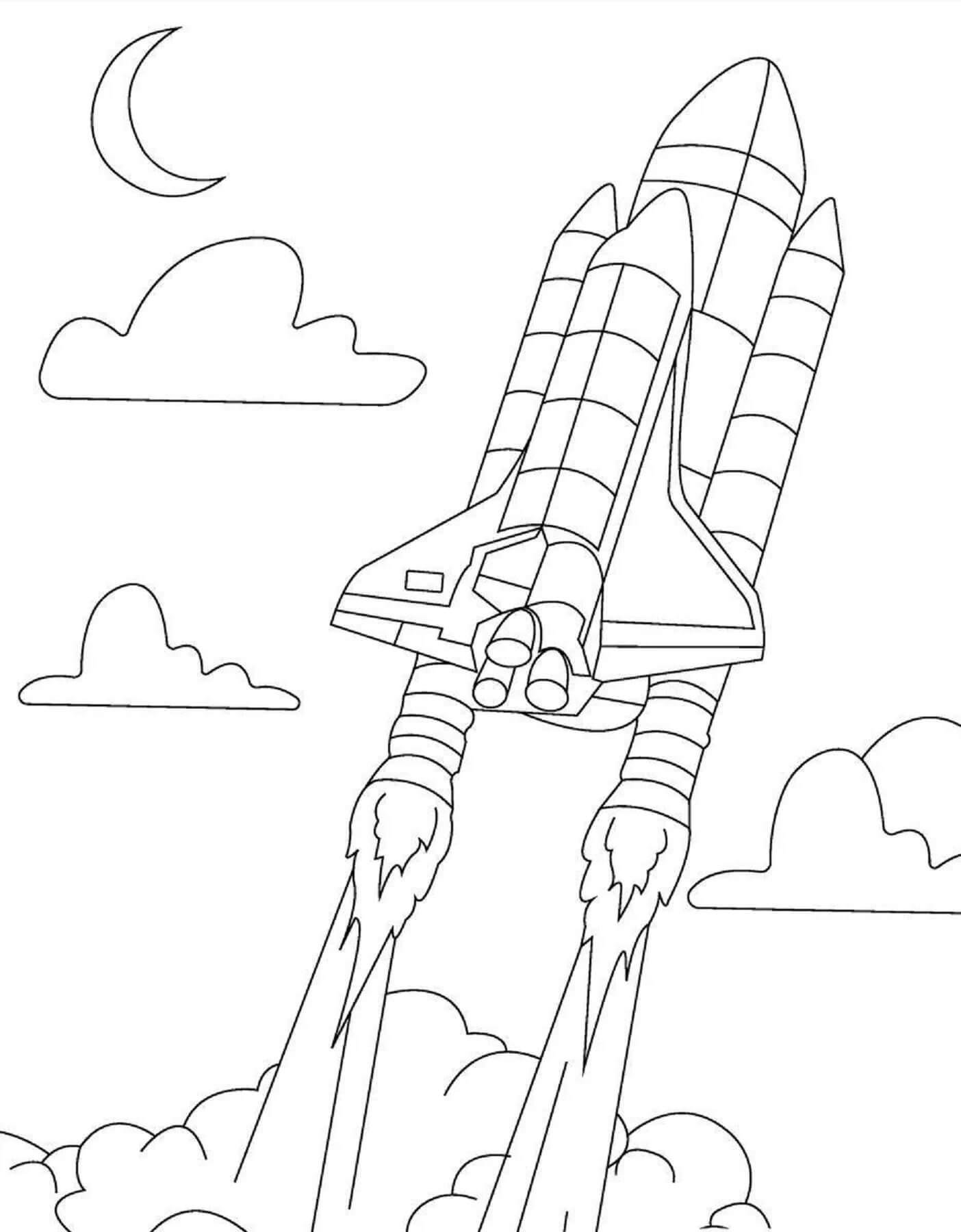 Rocket with clouds and moon coloring page