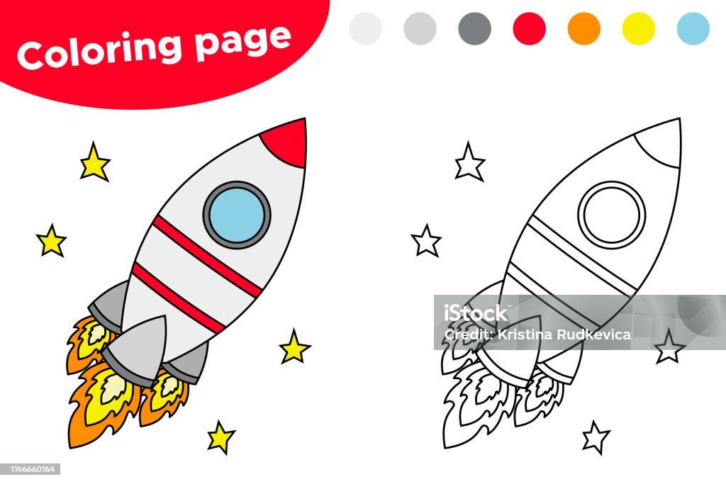 Printable coloring page or book cartoon rocket stock illustration