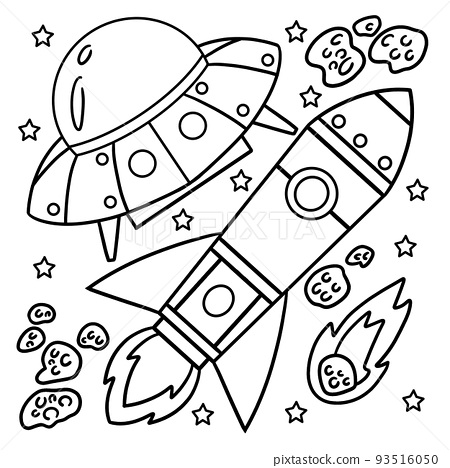 Ufo and rocket ship in space coloring page