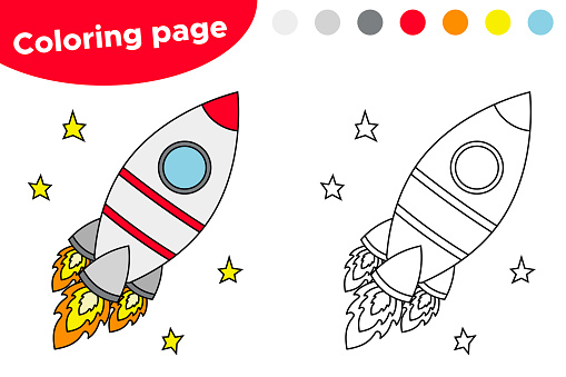 Printable coloring page or book cartoon rocket stock illustration