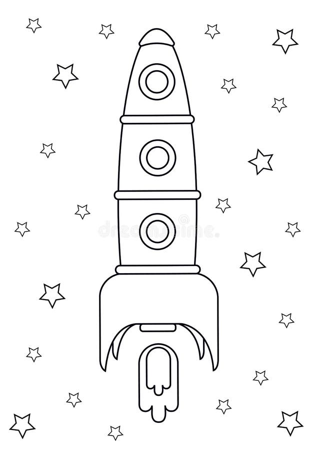 Coloring page outline of a rocket flying through the stars coloring book for kids preschool activities stock vector