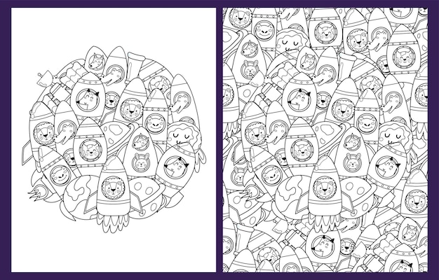 Premium vector cute animals in rockets coloring pages set in us letter format black and white space background