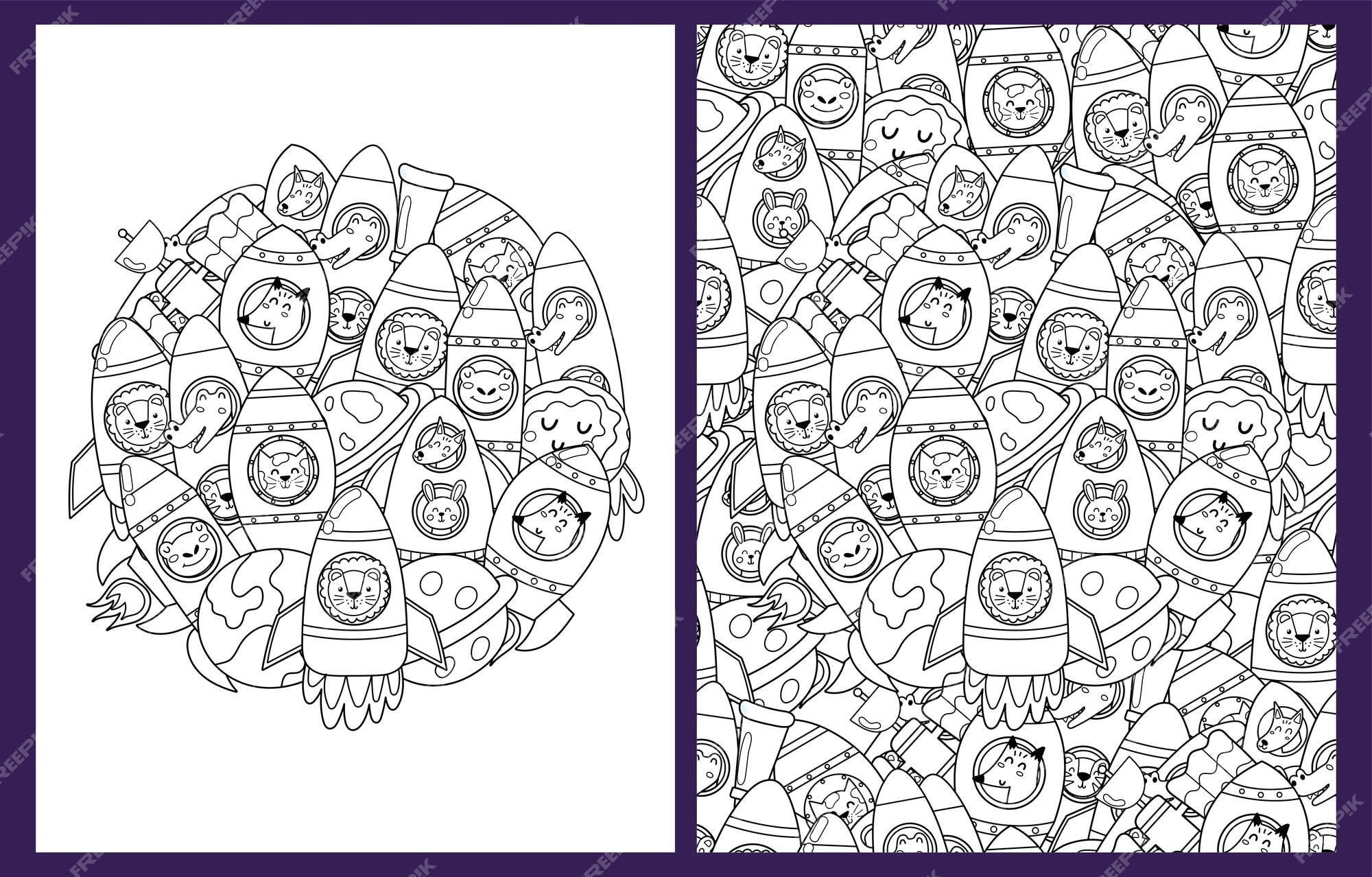 Premium vector cute animals in rockets coloring pages set in us letter format black and white space background