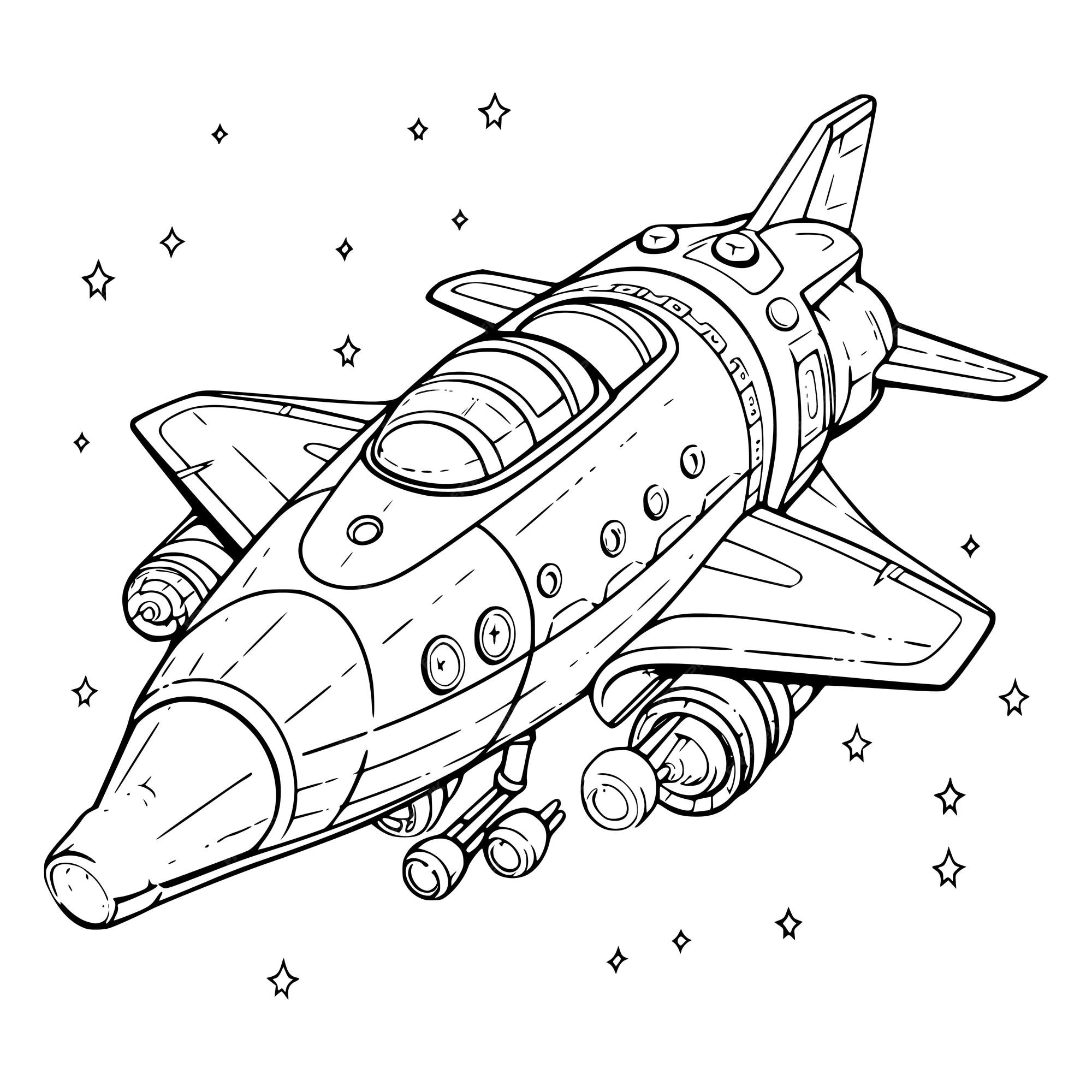 Premium vector starship or rocket with pilot coloring page for kids