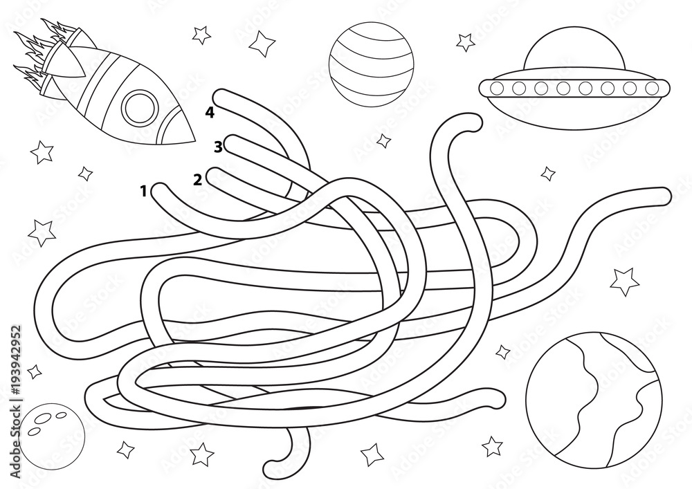 Space maze for children coloring page help the rocket find way to the planet educational game for kids vector illustration vector