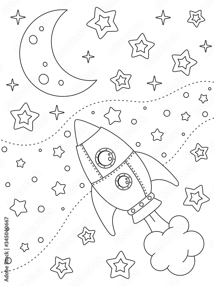 Coloring page with rocket moon nebulae and stars black elements on a white background vector design template for kids coloring book print and poster entertainment and recreation for children vector