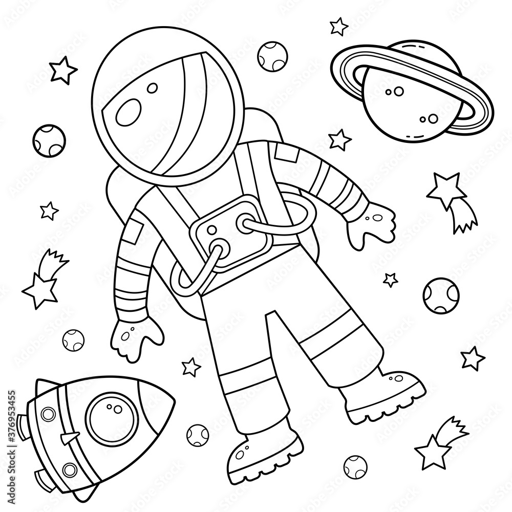 Coloring page outline of a cartoon rocket with astronaut in space coloring book for kids vector