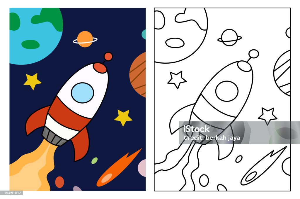 Simple rocket in space coloring page for kids drawing education simple cartoon illustration in fantasy theme for coloring book stock illustration