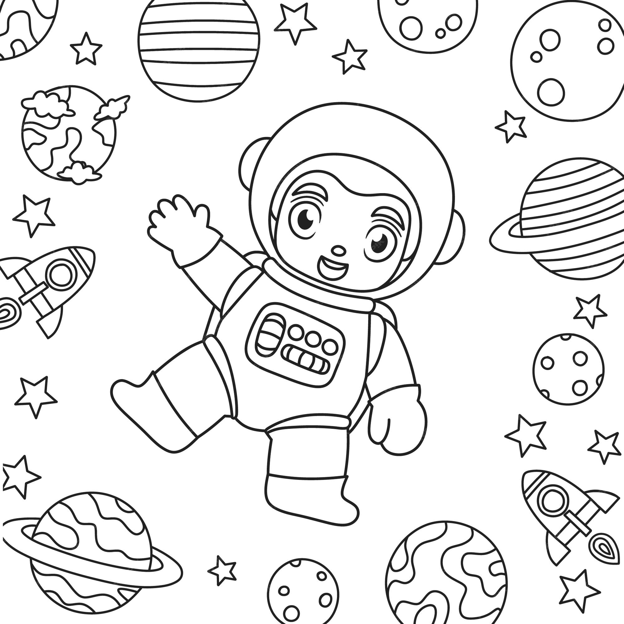 Premium vector coloring book for kids astronaut greets from space with rocket planet and stars