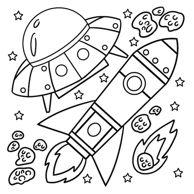 Premium vector ufo and rocket ship in space coloring page