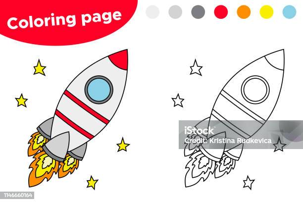 Printable coloring page or book cartoon rocket stock illustration