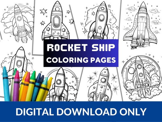 Rocket ship printable coloring pages space coloring pages outer space birthday party kids spaceship coloring bundle set children activities