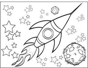 Rocketship and pla coloring page