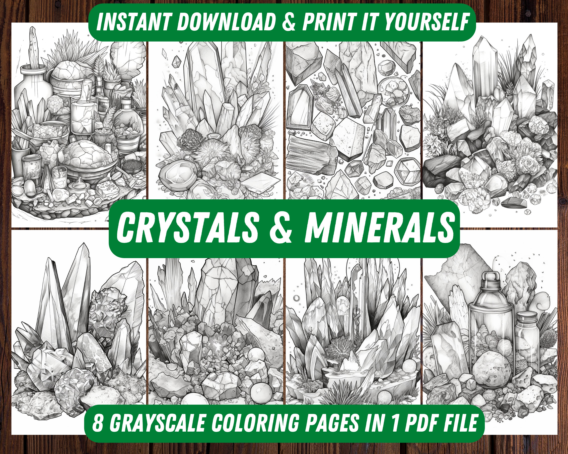 Crystals and minerals coloring book printable pdf pages for adults and kids gemstones and rocks instant download