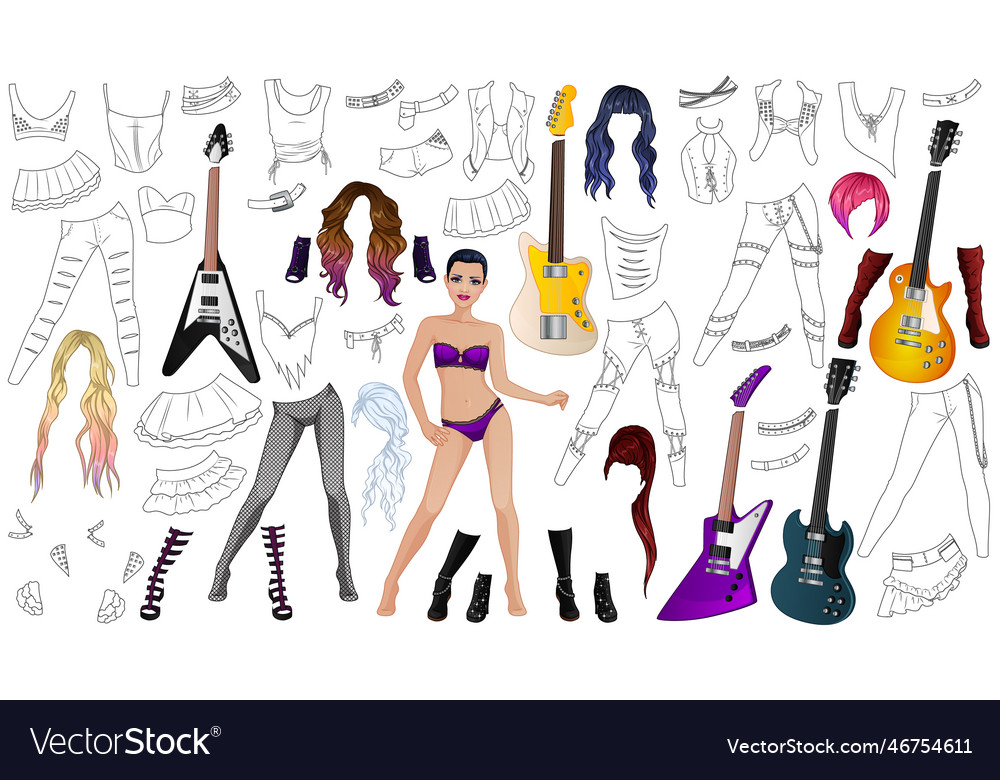 Rockstar coloring page paper doll royalty free vector image