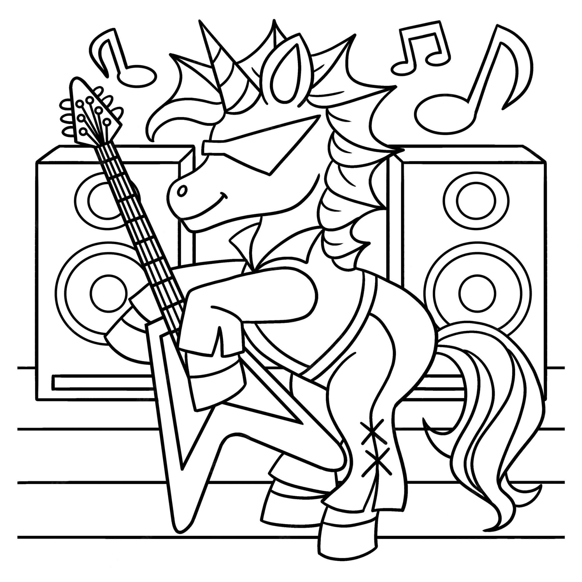 Cool unicorn playing guitar coloring page