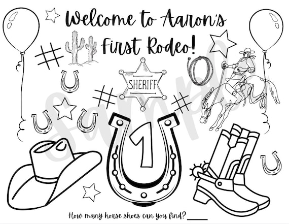 Customizable first rodeo birthday printable coloring page cowgirl cowboy party favor my first rodeo party activity western placemat