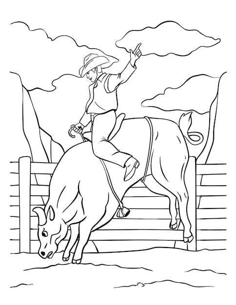 Premium vector bull riding coloring page for kids