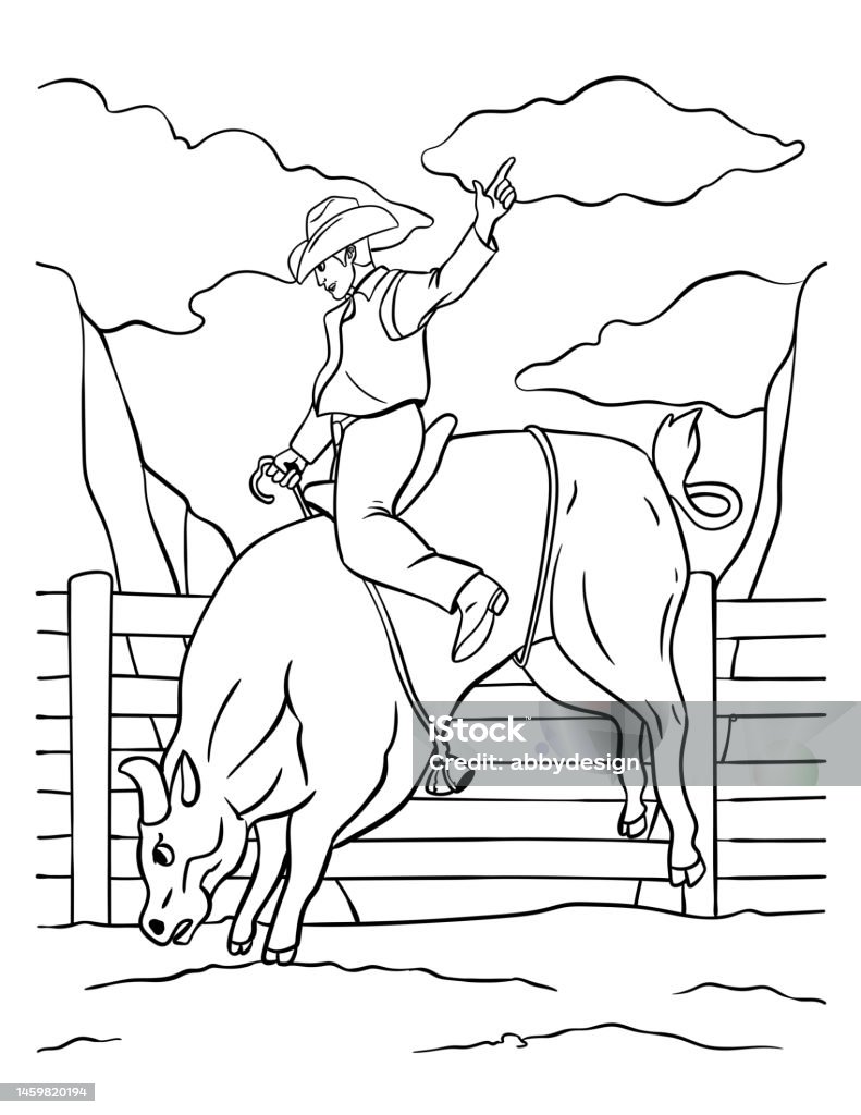 Bull riding coloring page for kids stock illustration