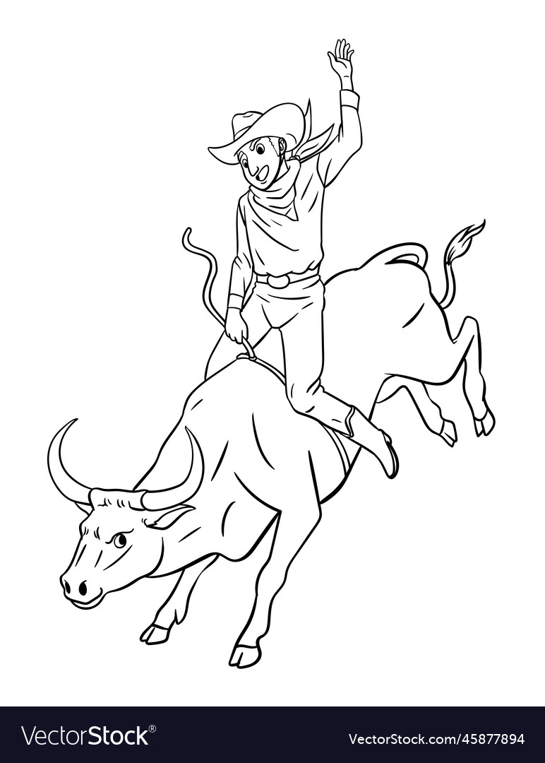 Cowboy bull rider isolated coloring page for kids vector image