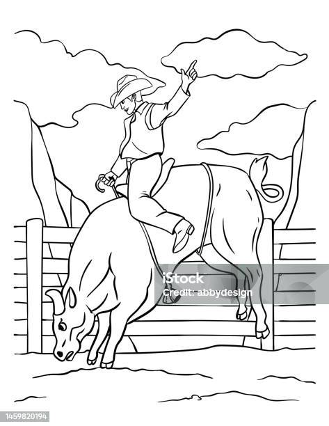 Bull riding coloring page for kids stock illustration