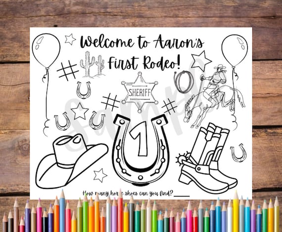 Customizable first rodeo birthday printable coloring page cowgirl cowboy party favor my first rodeo party activity western placemat