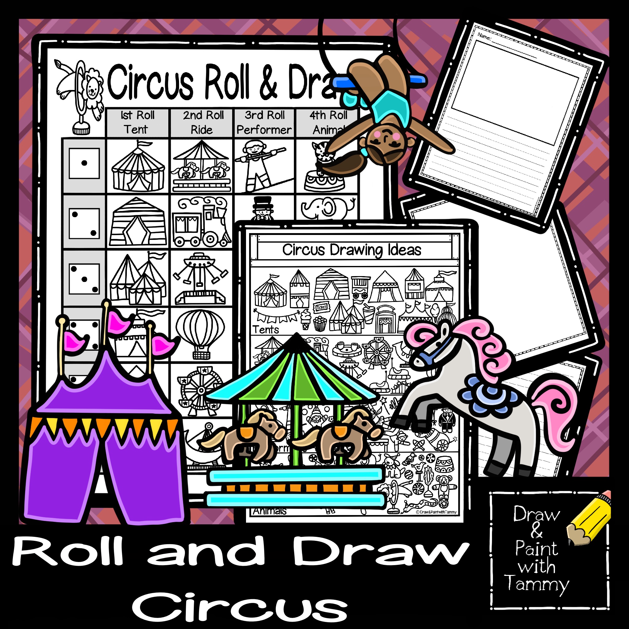 Circus roll and draw printable art activity game made by teachers