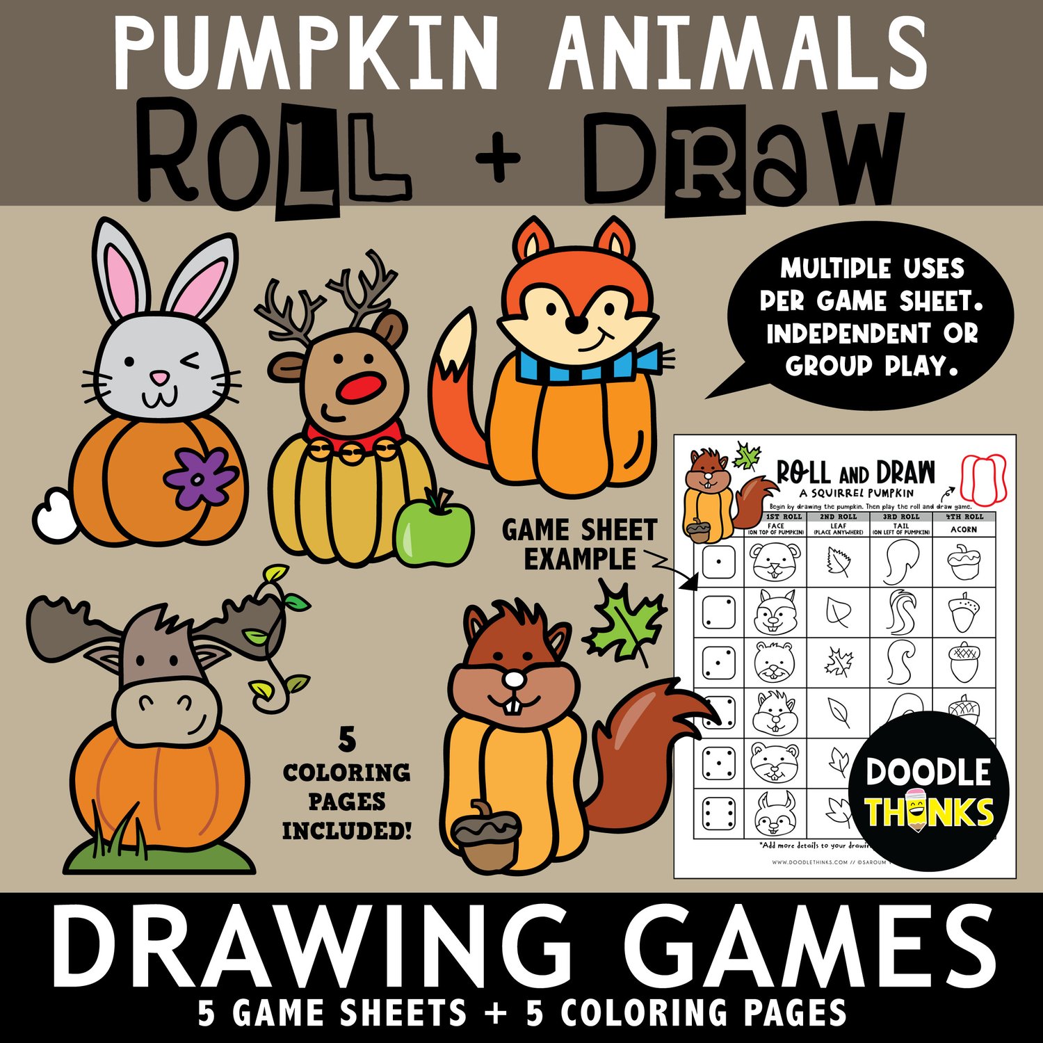 Pumpkin animals roll and draw game coloring sheets no prep activities