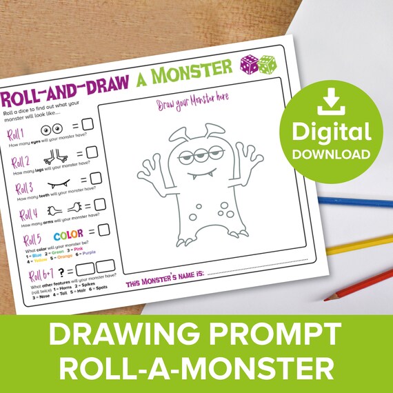 Roll draw a monster drawing prompt activity kids halloween dice game childrens alien party idea coloring download printable activities