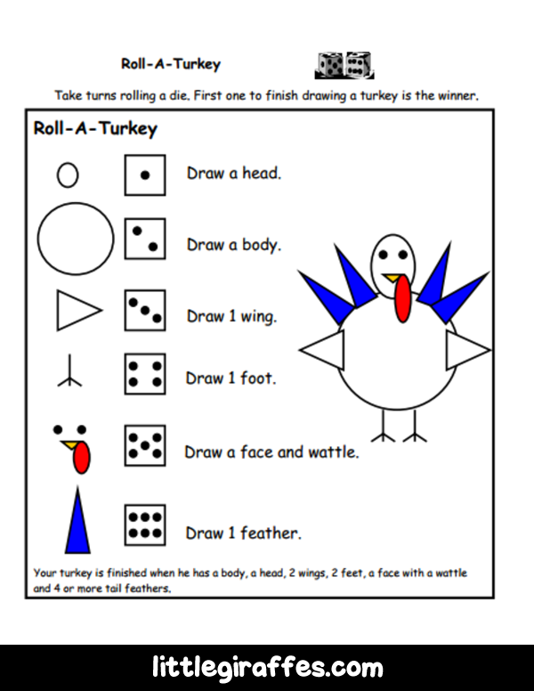 Roll a turkey printable game a to z teacher stuff printable pages and worksheets