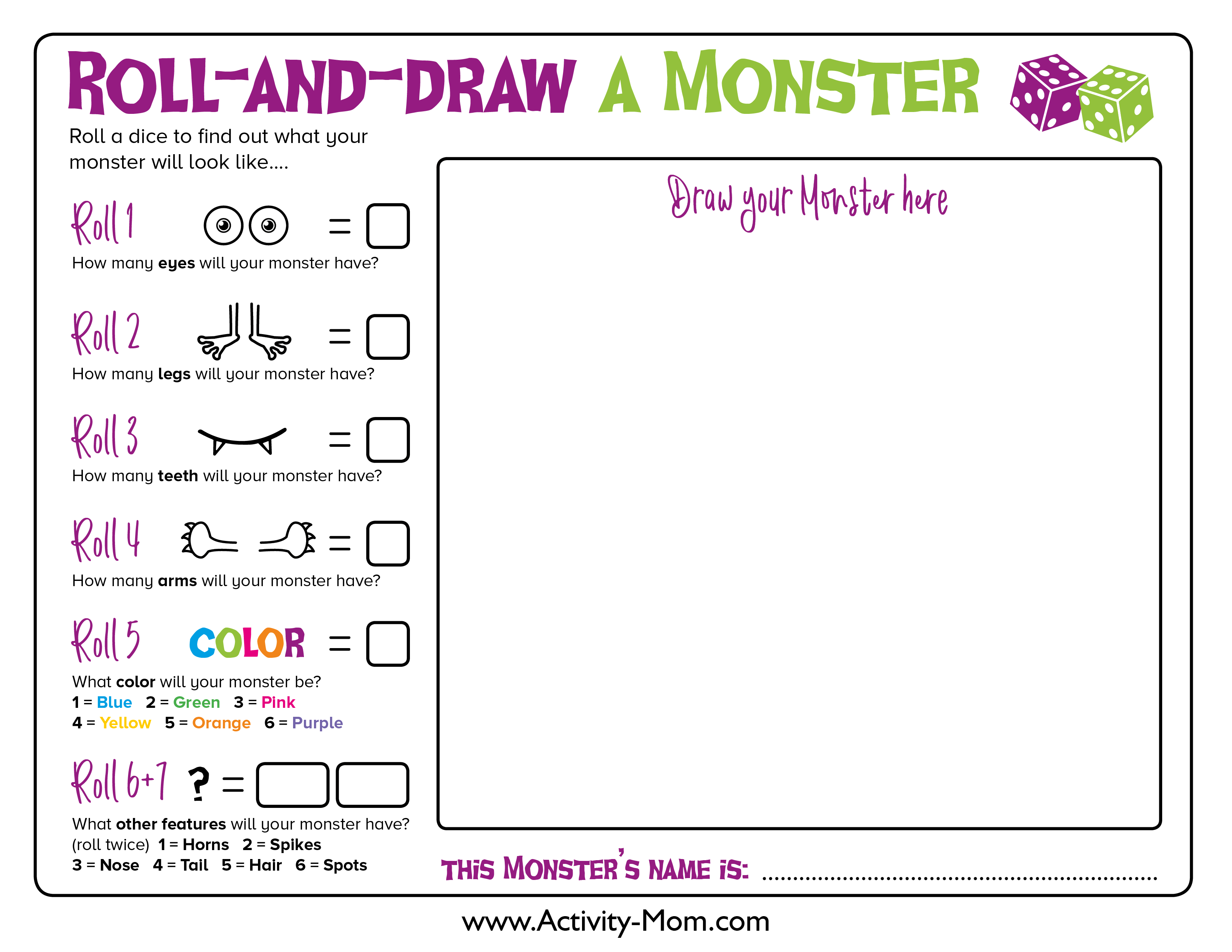 Draw a monster dice game