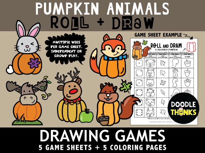 Pumpkin animals roll and draw game coloring sheets no prep activities teaching resources